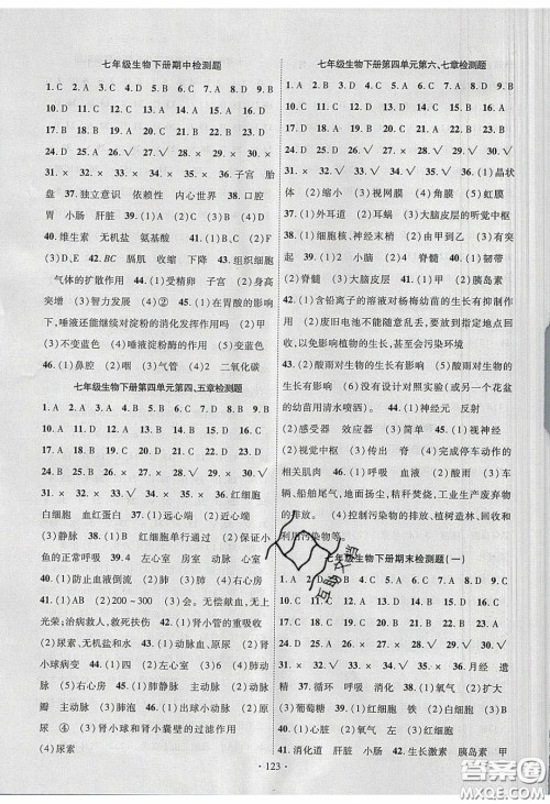 新疆文化出版社2020春课时掌控七年级生物下册人教版答案 新疆文化出版社2020春课时掌控七年级生物下册人教版答案