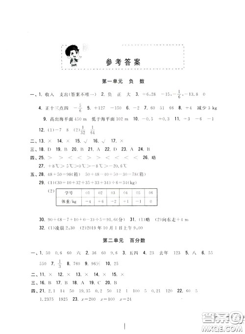 2020年一卷一练单元同步测试卷数学六年级下册R版人教版参考答案