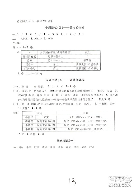 2020年一卷一练单元同步测试卷语文三年级下册R版人教版参考答案