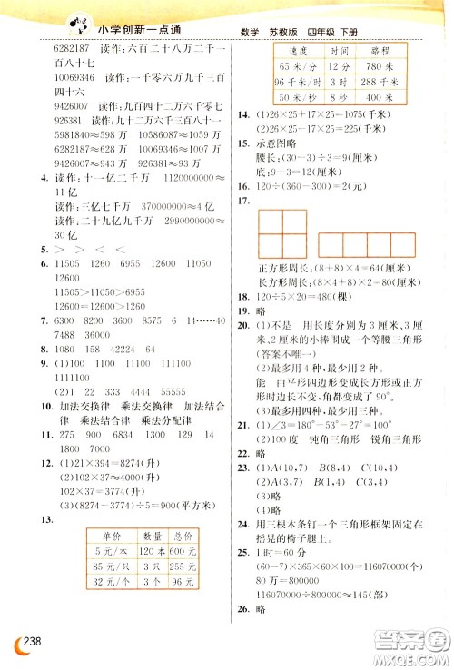 2020年小学创新一点通数学四年级下册苏教版参考答案