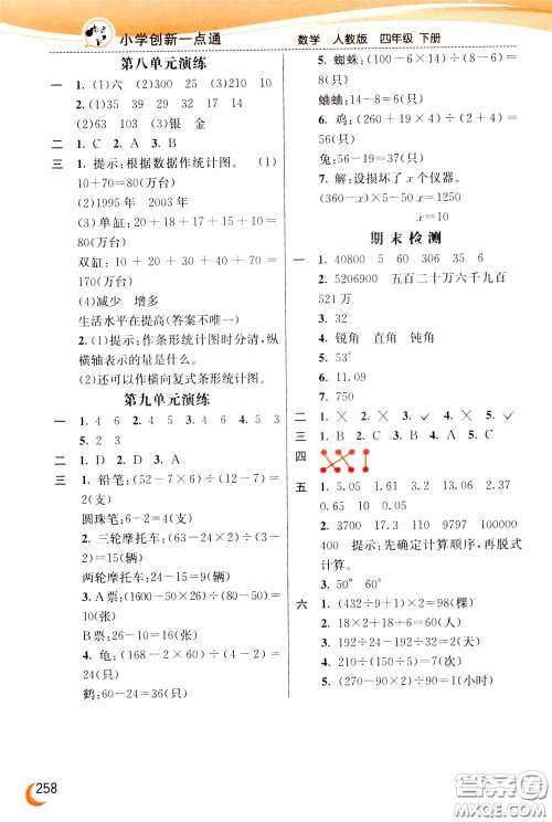 2020年小学创新一点通数学四年级下册人教版参考答案