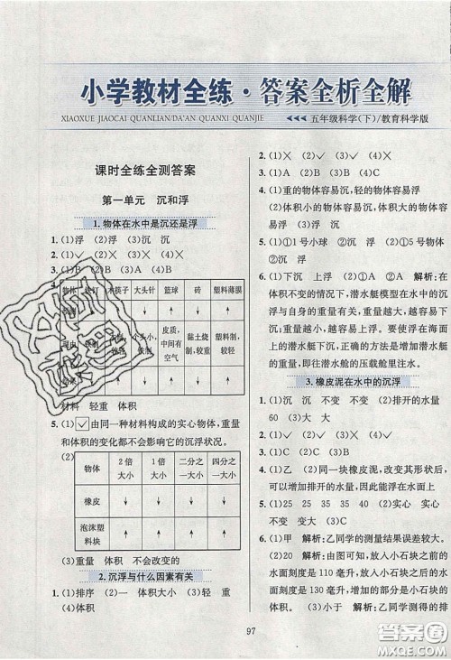 2020年小学教材全练五年级科学下册教科版答案