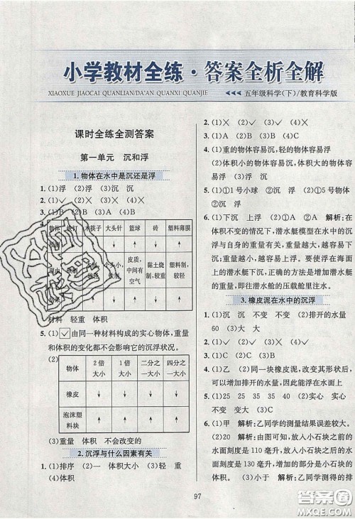 2020年小学教材全练五年级科学下册教科版答案 2020年小学教材全练五年级科学下册教科版答案
