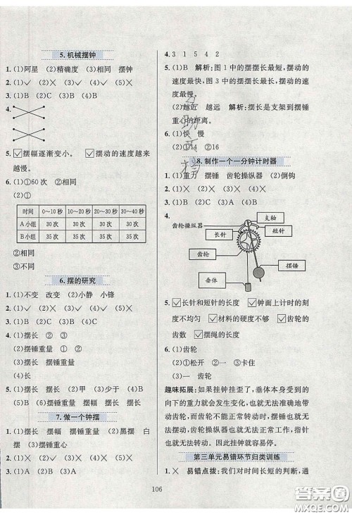 2020年小学教材全练五年级科学下册教科版答案