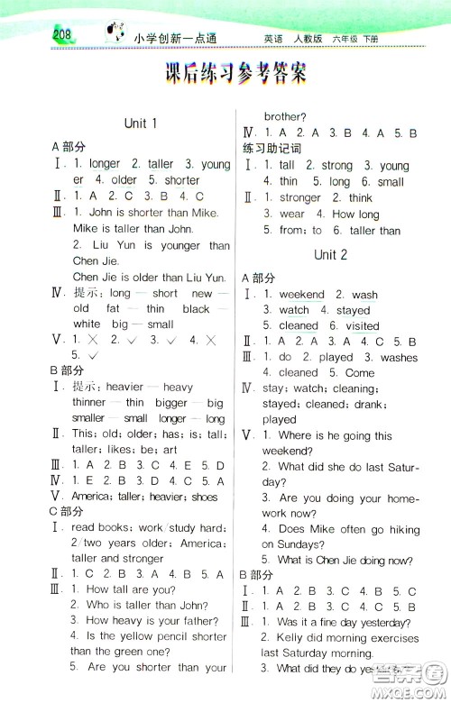 2020年小学创新一点通英语六年级下册人教版参考答案