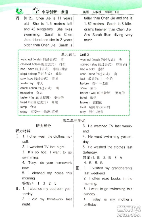 2020年小学创新一点通英语六年级下册人教版参考答案