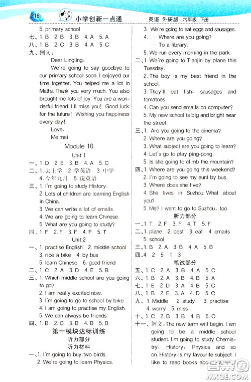 2020年小学创新一点通英语六年级下册外研版参考答案