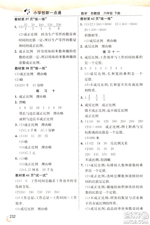 2020年小学创新一点通数学六年级下册苏教版参考答案