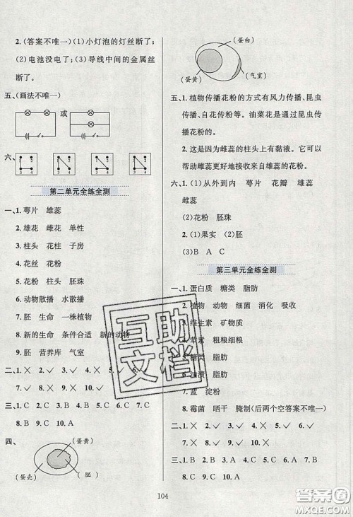 2020年小学教材全练四年级科学下册教科版答案