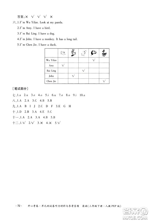 2020年开心考卷单元试卷英语三年级下册人教PEP版参考答案 2020年开心考卷单元试卷英语三年级下册人教PEP版参考答案