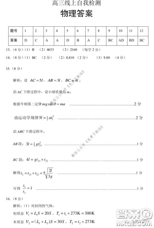 2020年济宁市高三线上自我检测物理答案