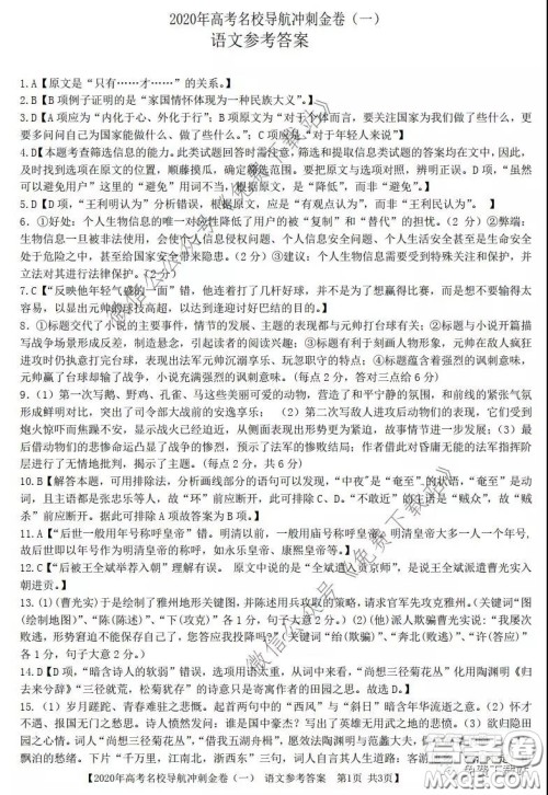 2020年高考名校导航冲刺金卷一语文答案 2020年高考名校导航冲刺金卷一语文答案