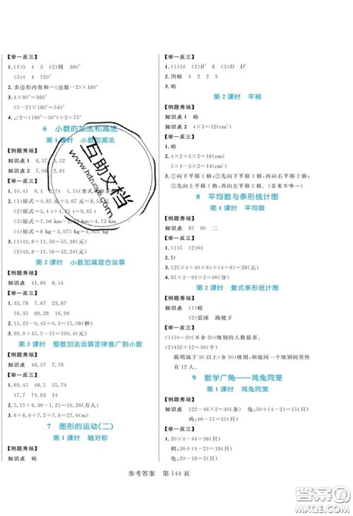 2020年黄冈名师天天练四年级数学下册人教版答案
