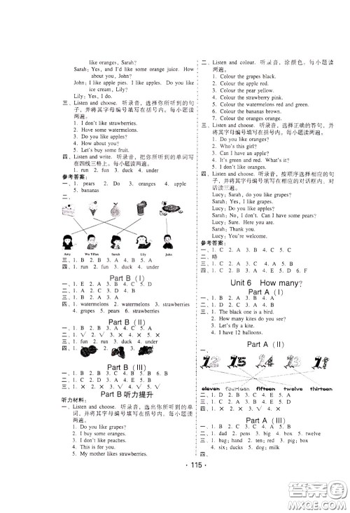 2020年课时学练测学生用书英语三年级下册人教PEP版参考答案