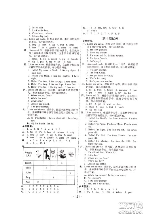 2020年课时学练测学生用书英语三年级下册人教PEP版参考答案 2020年课时学练测学生用书英语三年级下册人教PEP版参考答案