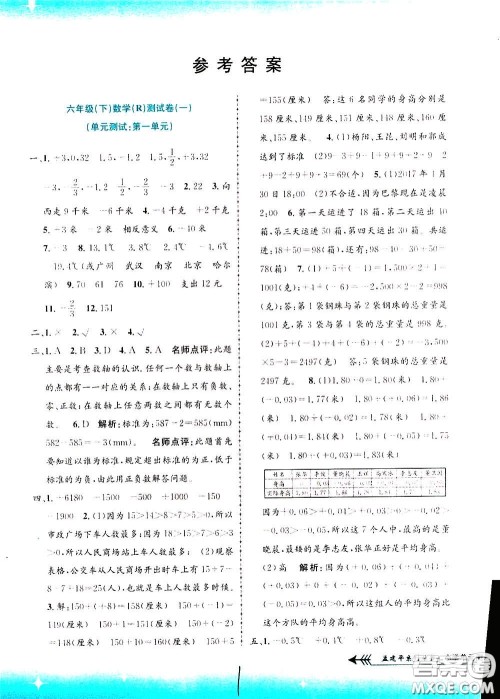 孟建平系列丛书2020年小学单元测试数学六年级下册R人教版参考答案