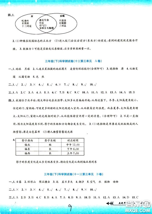 孟建平系列丛书2020年小学单元测试科学三年级下册J教科版参考答案