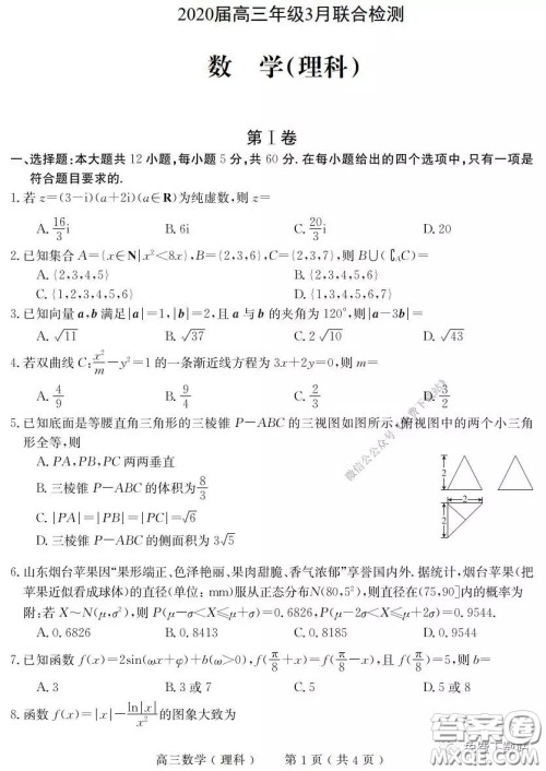 河南六市2020届高三年级3月联合检测理科数学试题及答案 河南六市2020届高三年级3月联合检测理科数学试题及答案