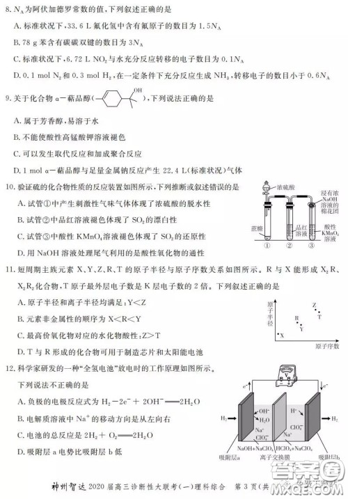 神州智达2020届高三诊断性大联考一理科综合试题及答案