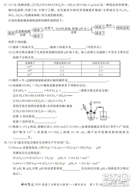 神州智达2020届高三诊断性大联考一理科综合试题及答案