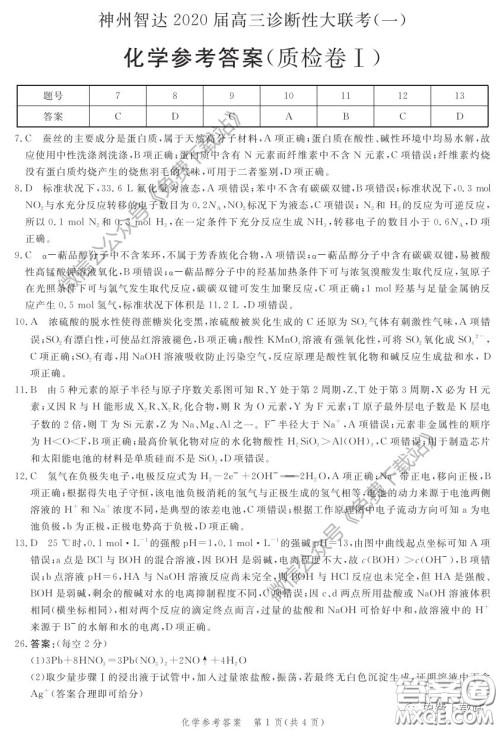 神州智达2020届高三诊断性大联考一理科综合试题及答案 神州智达2020届高三诊断性大联考一理科综合试题及答案