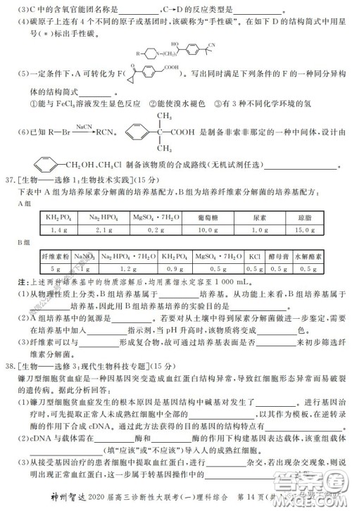 神州智达2020届高三诊断性大联考一理科综合试题及答案 神州智达2020届高三诊断性大联考一理科综合试题及答案