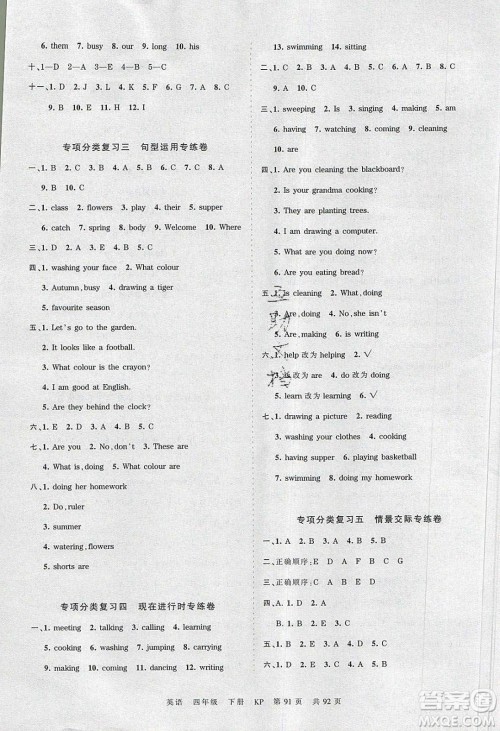 江西人民出版社2020年王朝霞考点梳理时习卷四年级英语下册科普版答案