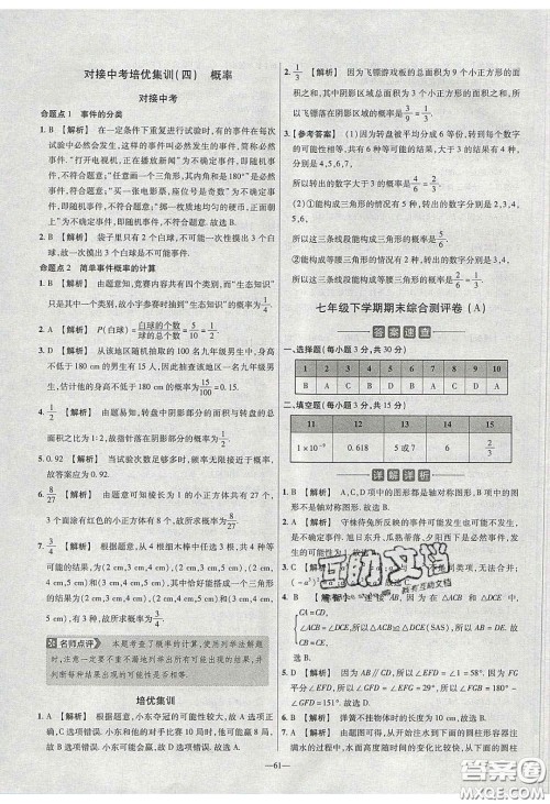 2020年金考卷活页题选名师名题单元双测七年级数学下册北师大版答案 2020年金考卷活页题选名师名题单元双测七年级数学下册北师大版答案