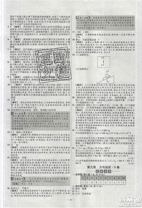 2020年金考卷活页题选名师名题单元双测八年级物理下册苏科版答案