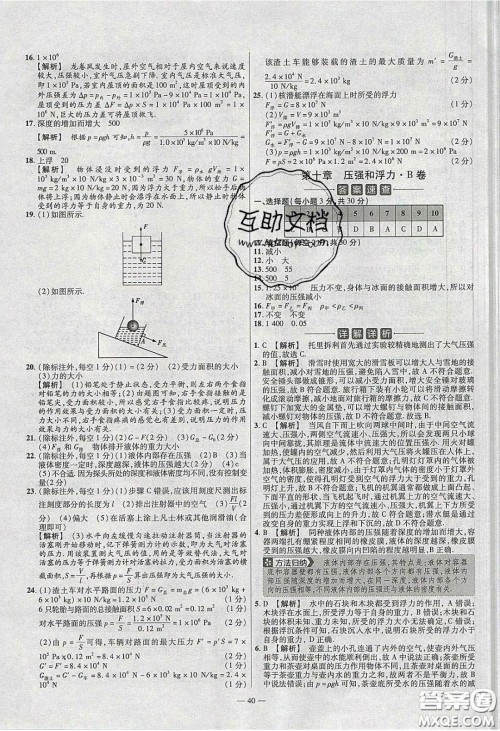 2020年金考卷活页题选名师名题单元双测八年级物理下册苏科版答案