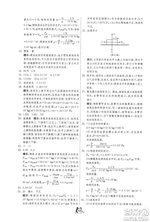 2020年单元双测全程提优测评卷物理八年级下册SHKJ沪科版参考答案