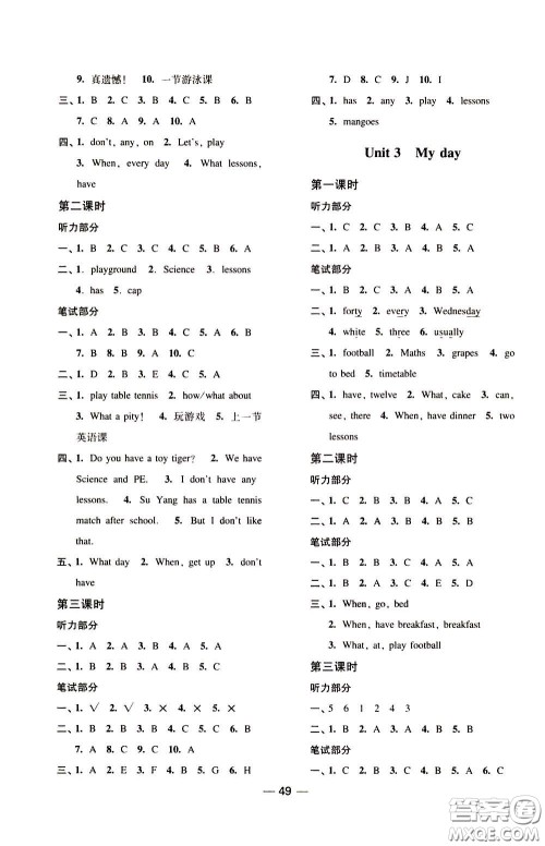 2020年随堂练1加2课课练单元卷英语四年级下册江苏版参考答案 2020年随堂练1加2课课练单元卷英语四年级下册江苏版参考答案