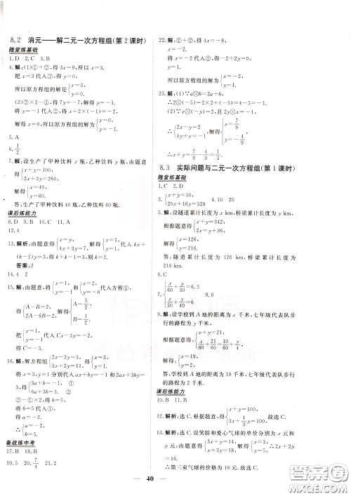 2020年新坐标同步练习数学七年级下册人教版参考答案