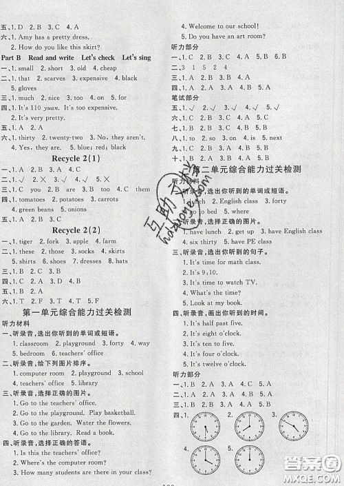 2020新版课时特训优化作业本四年级英语下册人教版答案