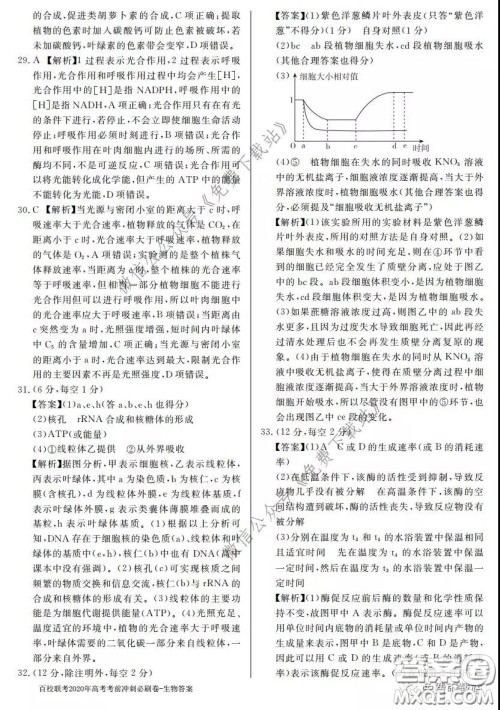 百校联考2020年高考考前冲刺必刷卷一生物答案 百校联考2020年高考考前冲刺必刷卷一生物答案