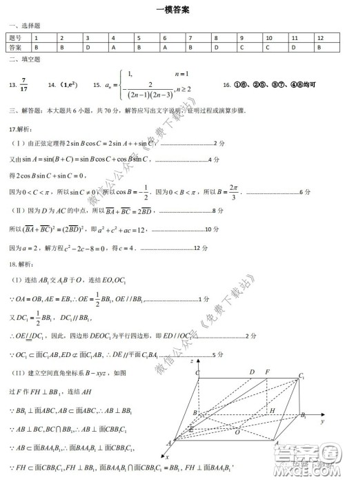 2020年东北三省三校高三第一次联合模拟考试理科数学试题及答案