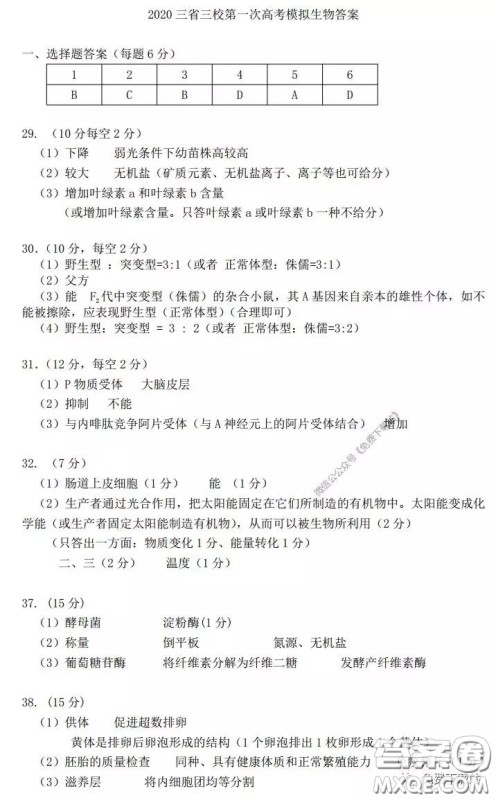 2020年东北三省三校高三第一次联合模拟考试理科综合答案 2020年东北三省三校高三第一次联合模拟考试理科综合答案