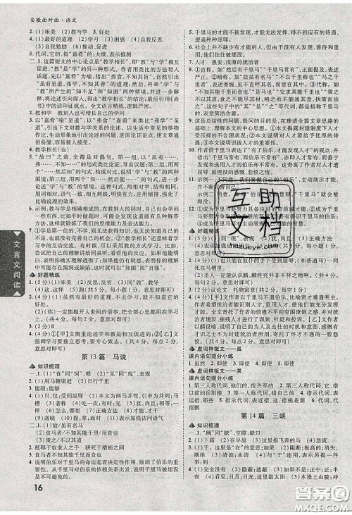 新疆青少年出版社2020年万维安徽中考面对面语文人教版答案 新疆青少年出版社2020年万维安徽中考面对面语文人教版答案