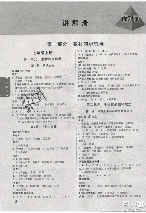 新疆青少年出版社2020年万维陕西中考面对面生物学人教版答案 新疆青少年出版社2020年万维陕西中考面对面生物学人教版答案