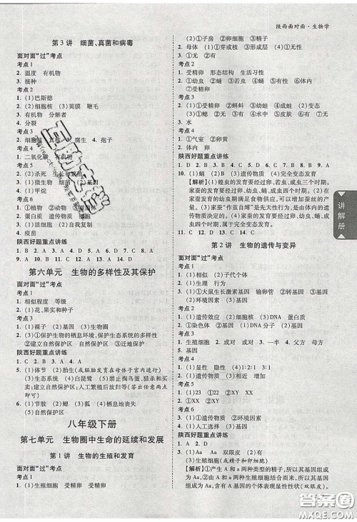 新疆青少年出版社2020年万维陕西中考面对面生物学人教版答案 新疆青少年出版社2020年万维陕西中考面对面生物学人教版答案
