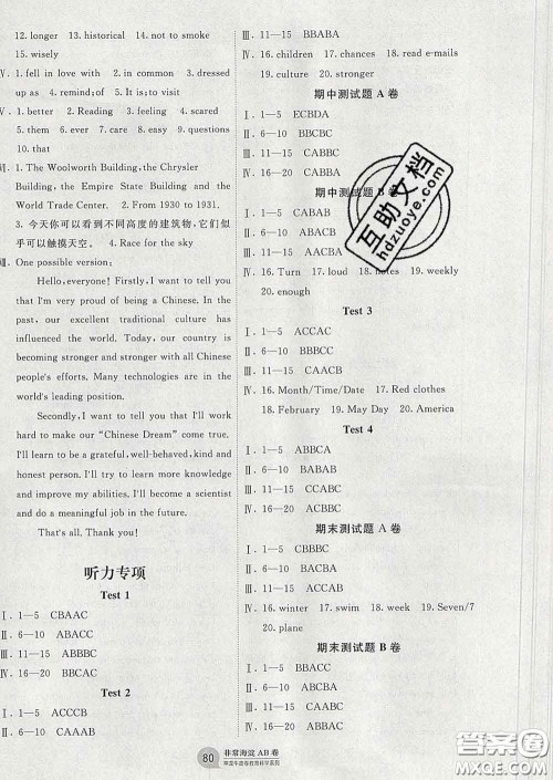 2020新版非常海淀单元测试AB卷八年级英语下册鲁教版答案 2020新版非常海淀单元测试AB卷八年级英语下册鲁教版答案