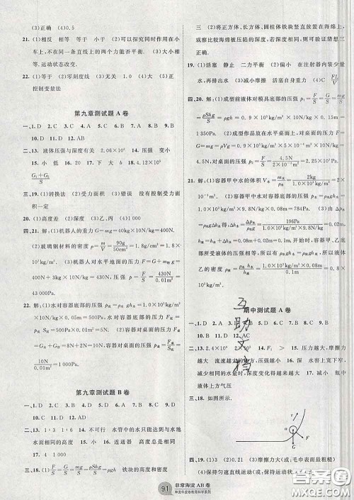 2020新版非常海淀单元测试AB卷八年级物理下册人教版答案