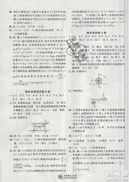 2020新版非常海淀单元测试AB卷八年级物理下册沪粤版答案