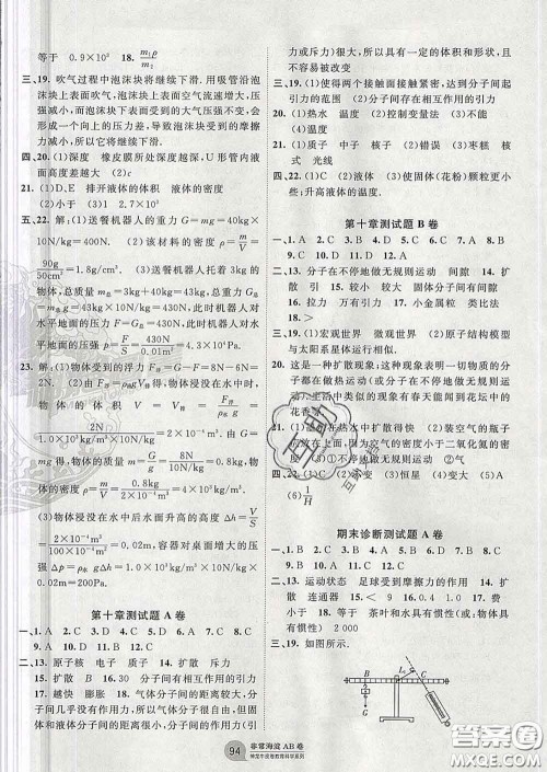 2020新版非常海淀单元测试AB卷八年级物理下册沪粤版答案