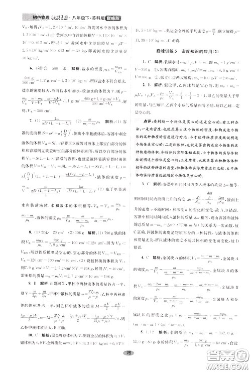 2020年初中物理小题狂做巅峰版八年级下册苏科版参考答案