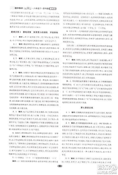 2020年初中物理小题狂做巅峰版八年级下册苏科版参考答案
