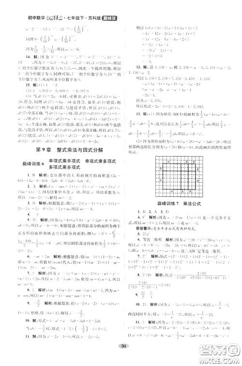 2020年初中数学小题狂做巅峰版七年级下册苏科版参考答案 2020年初中数学小题狂做巅峰版七年级下册苏科版参考答案