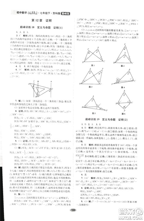 2020年初中数学小题狂做巅峰版七年级下册苏科版参考答案 2020年初中数学小题狂做巅峰版七年级下册苏科版参考答案