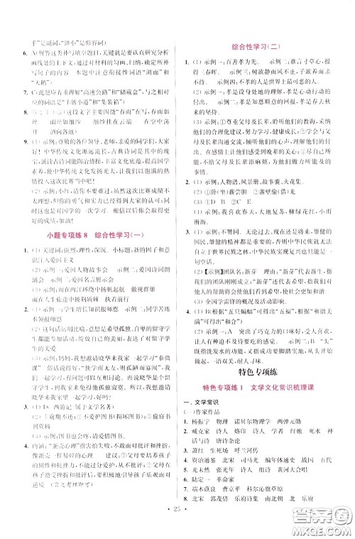 2020年初中语文小题狂做提优版七年级下册参考答案