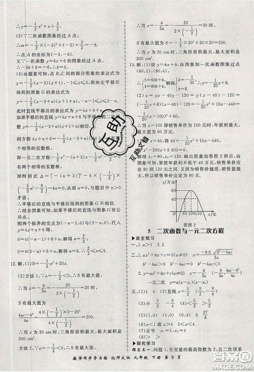 郑州大学出版社2020新学案同步导与练数学九年级下册北师大版答案